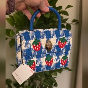 Kurt Geiger London Mini Kensington bag in Blue Tweed with Strawberry Motifs